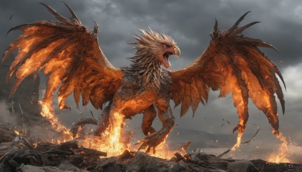 solo,open mouth,tail,outdoors,wings,horns,sky,teeth,cloud,no humans,fangs,cloudy sky,fire,sharp teeth,claws,smoke,monster,rock,dragon,scales,debris,embers,grey sky,destruction,molten rock,standing,glowing,glowing eyes,ruins,talons,spread wings,rubble,kaijuu