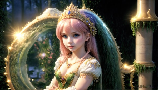 HQ,1girl,solo,long hair,breasts,looking at viewer,bangs,blue eyes,dress,cleavage,jewelry,upper body,pink hair,short sleeves,small breasts,puffy sleeves,necklace,blurry,tree,puffy short sleeves,lips,own hands together,tiara,crown,plant,gem,nature,forest,green dress,pillar,blush,smile,hair ornament,medium breasts,closed mouth,collarbone,nail polish,bracelet,sparkle,depth of field,veil,realistic,fantasy,light,gold