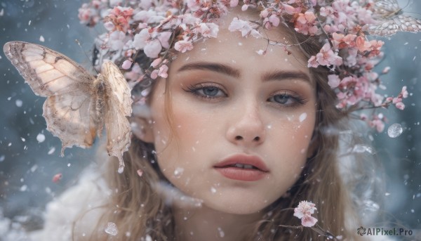 1girl, solo, long hair, looking at viewer, blue eyes, brown hair, flower, parted lips, teeth, blurry, lips, petals, eyelashes, bug, cherry blossoms, butterfly, portrait, snow, snowing, realistic, nose, branch