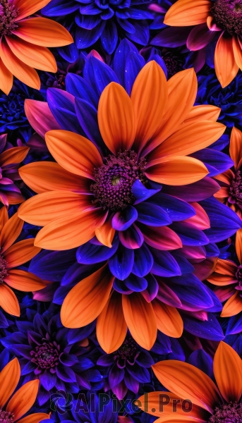 flower,no humans,leaf,blue flower,purple flower,floral background,field,flower field,orange flower,still life,blue background,plant,black background,red flower,scenery