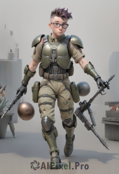 solo,looking at viewer,short hair,blue eyes,brown hair,gloves,1boy,holding,full body,weapon,male focus,multicolored hair,boots,glasses,belt,pants,holding weapon,armor,vest,gun,military,holding gun,rifle,walking,black-framed eyewear,hair behind ear,knee pads,undercut,explosive,grenade,bulletproof vest,1girl,standing,lips,military uniform,shadow,shoulder armor,very short hair,mohawk