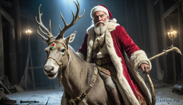 HQ,solo,looking at viewer,long sleeves,1boy,hat,holding,weapon,white hair,male focus,belt,pants,indoors,coat,gun,fur trim,facial hair,animal,staff,christmas,red headwear,beard,snow,santa hat,santa costume,mustache,riding,antlers,old,horse,old man,cane,reindeer,reins,saddle,outdoors,chain,scar,gem,realistic,sack,manly,red coat