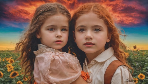 long hair,looking at viewer,blue eyes,multiple girls,blonde hair,brown hair,shirt,hair ornament,2girls,white shirt,upper body,flower,outdoors,parted lips,sky,collared shirt,cloud,lips,grey eyes,siblings,suspenders,cloudy sky,sisters,child,freckles,sunset,twins,realistic,sunflower,field,flower field,open mouth,bangs,dress,braid,teeth,signature,bag,backpack,blouse,yellow flower,female child,orange flower