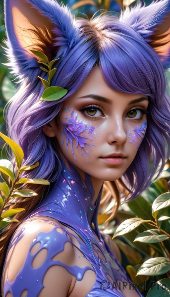 1girl,solo,long hair,looking at viewer,short hair,bangs,animal ears,bare shoulders,brown eyes,closed mouth,yellow eyes,upper body,purple hair,shiny,artist name,signature,blurry,from side,lips,animal ear fluff,fox ears,eyelashes,makeup,blurry background,swept bangs,leaf,facial mark,plant,lipstick,portrait,eyeshadow,pink lips,realistic,nose,mascara,hair ornament,blue hair,flower,outdoors,sleeveless,day,depth of field,sunlight,close-up,facepaint,dappled sunlight,bodypaint