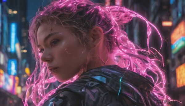 1girl, solo, long hair, blue eyes, jewelry, pink hair, earrings, outdoors, parted lips, hood, blurry, lips, blurry background, portrait, science fiction, realistic, nose, cyberpunk, neon lights