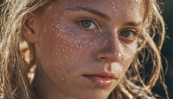 1girl,solo,long hair,looking at viewer,blonde hair,brown eyes,closed mouth,green eyes,signature,blurry,lips,wet,eyelashes,depth of field,blurry background,portrait,close-up,freckles,realistic,nose,brown hair,sunlight