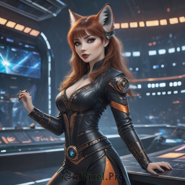 1girl,solo,long hair,breasts,looking at viewer,smile,bangs,large breasts,brown hair,long sleeves,animal ears,cleavage,brown eyes,jewelry,medium breasts,standing,cowboy shot,parted lips,belt,artist name,indoors,cat ears,necklace,nail polish,mole,blurry,lips,fingernails,fox ears,mole under eye,bodysuit,makeup,night,blurry background,wavy hair,lipstick,black nails,zipper,science fiction,black bodysuit,red lips,eyeliner,blush,fox girl,freckles,realistic,leather