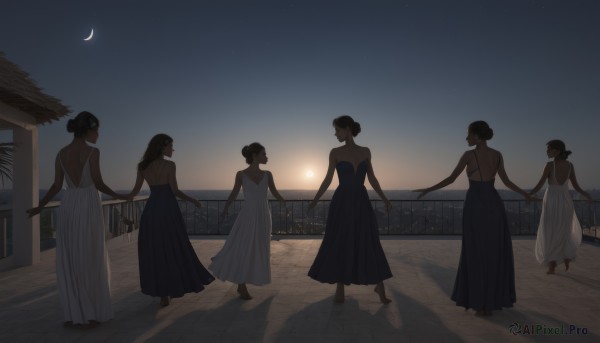 long hair,short hair,multiple girls,skirt,brown hair,black hair,dress,bare shoulders,jewelry,outdoors,sky,barefoot,dark skin,hair bun,from behind,white dress,looking at another,black dress,high heels,dark-skinned female,tree,strapless,night,sleeveless dress,blue dress,shadow,holding hands,6+girls,moon,single hair bun,5girls,star (sky),night sky,strapless dress,starry sky,backlighting,walking,long skirt,backless outfit,long dress,railing,horizon,backless dress,crescent moon,no humans,ocean,beach,scenery,sunset,fence,sun,sunrise