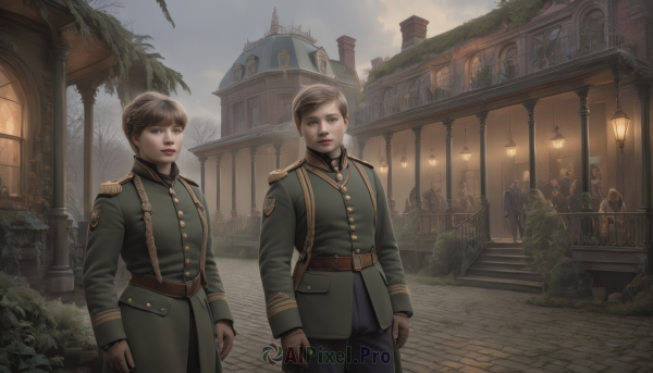 looking at viewer,short hair,blue eyes,multiple girls,brown hair,gloves,long sleeves,2girls,brown eyes,standing,outdoors,multiple boys,sky,belt,pants,cloud,uniform,tree,military,window,military uniform,cloudy sky,plant,building,scenery,6+boys,epaulettes,stairs,realistic,house,lamppost,statue,gate,blonde hair,braid,day,signature,bag,lips,6+girls,aiguillette,medal,soldier,pavement