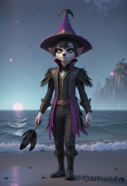 solo,looking at viewer,short hair,bangs,shirt,black hair,long sleeves,1boy,hat,holding,jewelry,closed mouth,standing,full body,yellow eyes,male focus,boots,outdoors,sky,pointy ears,belt,pants,artist name,water,black footwear,blurry,fur trim,witch hat,night,blurry background,ocean,beach,black pants,moon,feathers,gem,furry,colored sclera,sand,wand,black sclera,furry male,purple headwear,brown pants,holding wand,black fur,yordle,1girl,smile,brown hair,animal ears,green eyes,jacket,black jacket,black nails,brown belt,hat feather,grey skin,yellow sclera