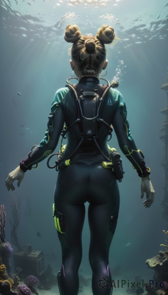 1girl,solo,short hair,blonde hair,standing,ass,artist name,water,hair bun,from behind,double bun,bodysuit,sunlight,skin tight,fish,science fiction,bubble,underwater,black bodysuit,facing away,cable,air bubble,open hands,wetsuit,aquarium,seaweed,brown hair,single hair bun,light rays,coral