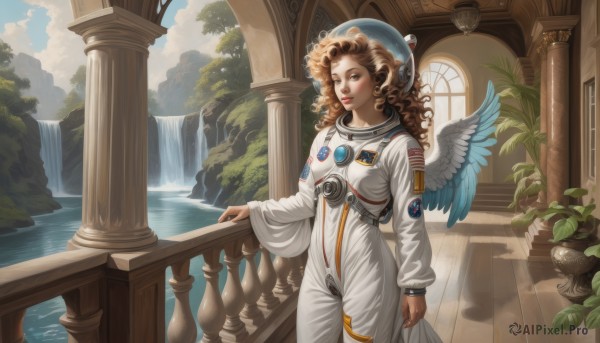 1girl,solo,long hair,looking at viewer,brown hair,long sleeves,brown eyes,standing,outdoors,wings,sky,day,cloud,water,tree,lips,bodysuit,plant,scenery,feathered wings,curly hair,angel wings,realistic,white wings,railing,angel,potted plant,pillar,waterfall,spacesuit,column,fountain,breasts,earrings,halo,helmet,science fiction,planet,statue,astronaut