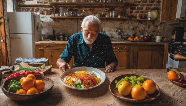 solo,shirt,long sleeves,1boy,sitting,closed mouth,closed eyes,upper body,white hair,grey hair,male focus,food,collared shirt,indoors,fruit,facial hair,chair,table,bottle,blue shirt,facing viewer,beard,plate,bowl,realistic,mustache,basket,old,old man,orange (fruit),kitchen,photo background,tomato,vegetable,counter,wrinkled skin,cutting board,holding,blurry,cup,looking down,polka dot,knife,spoon,fork,carrot,grapes,banana,lemon,eggplant,polka dot shirt,steak,pineapple