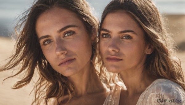 long hair,looking at viewer,blue eyes,multiple girls,brown hair,black hair,2girls,closed mouth,collarbone,upper body,outdoors,day,dark skin,mole,blurry,dark-skinned female,lips,grey eyes,blurry background,siblings,portrait,freckles,realistic,nose,brown eyes,jewelry,earrings,depth of field,wavy hair,expressionless,sunlight,thick eyebrows,wind,messy hair