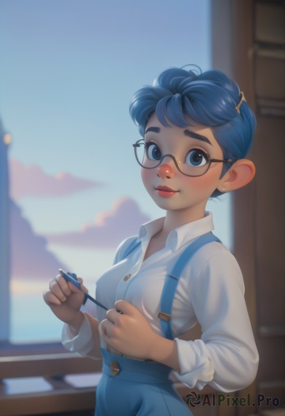 1girl,solo,breasts,looking at viewer,blush,smile,short hair,blue eyes,shirt,hair ornament,long sleeves,holding,jewelry,medium breasts,blue hair,standing,white shirt,upper body,cowboy shot,earrings,small breasts,parted lips,glasses,day,hairclip,collared shirt,pants,artist name,indoors,blurry,lips,eyelashes,buttons,depth of field,blurry background,thick eyebrows,suspenders,freckles,black-framed eyewear,nose,round eyewear,pen,stud earrings,overalls,pencil,holding pen,bangs,closed mouth,sky,cloud,dark skin,dark-skinned female,blue skirt,window,dress shirt,makeup,lipstick,semi-rimless eyewear,under-rim eyewear,blue pants,red lips