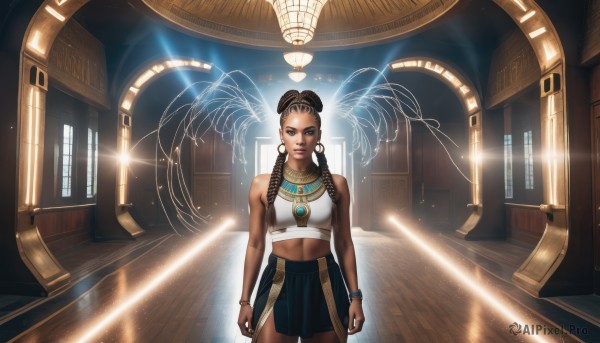 1girl,solo,long hair,breasts,looking at viewer,skirt,brown hair,black hair,navel,bare shoulders,brown eyes,jewelry,standing,braid,cowboy shot,midriff,indoors,dark skin,necklace,twin braids,bracelet,dark-skinned female,lips,crop top,light rays,realistic,light,hallway,earrings,hair bun,facial mark,hair tubes,hoop earrings,arms at sides,egyptian,dreadlocks