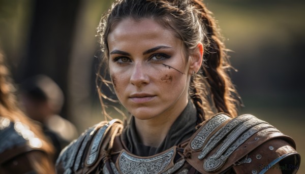 1girl,solo,long hair,looking at viewer,brown hair,black hair,brown eyes,jewelry,closed mouth,earrings,solo focus,armor,blurry,lips,depth of field,blurry background,shoulder armor,portrait,freckles,pauldrons,breastplate,realistic,dirty,chainmail,plate armor,braid,close-up,forehead,nose,facepaint,shoulder pads,dirty face