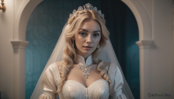 1girl,solo,long hair,breasts,looking at viewer,blue eyes,blonde hair,large breasts,dress,cleavage,jewelry,medium breasts,upper body,earrings,parted lips,puffy sleeves,indoors,necklace,white dress,blurry,lips,blurry background,drill hair,tiara,veil,curly hair,wedding dress,realistic,bridal veil,bride,church,brown eyes