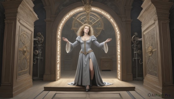 1girl,solo,long hair,breasts,blonde hair,large breasts,long sleeves,dress,cleavage,medium breasts,standing,full body,closed eyes,weapon,sword,indoors,wide sleeves,white dress,high heels,outstretched arms,wooden floor,carpet,looking at viewer,brown hair,brown eyes,lips,sunlight,corset,realistic,door,red lips,wide shot