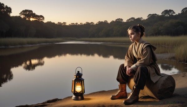 1girl,solo,short hair,black hair,long sleeves,1boy,sitting,closed mouth,male focus,boots,outdoors,pants,water,hair bun,tree,facial hair,brown footwear,black pants,single hair bun,nature,reflection,lantern,rock,river,lake,korean clothes,child,scenery,sunset,mountain,realistic