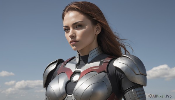 1girl,solo,long hair,breasts,simple background,brown hair,brown eyes,upper body,sky,cloud,armor,blue sky,lips,bodysuit,science fiction,breastplate,realistic,nose,looking at viewer,outdoors,day,scenery