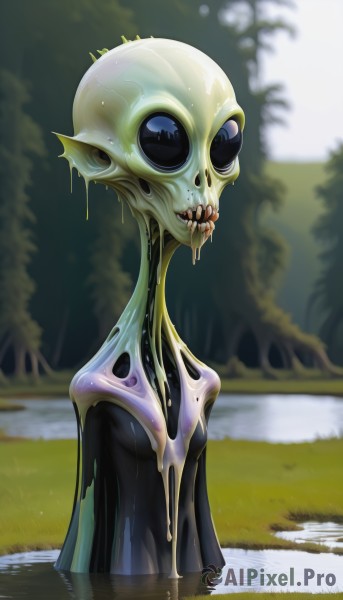 1girl,solo,breasts,open mouth,blue eyes,outdoors,teeth,day,water,blurry,tree,wet,no humans,blurry background,colored skin,grass,sharp teeth,monster girl,nature,wading,monster,dripping,slime (substance),alien,lake,pond,small breasts,pointy ears,skull,horror (theme),melting