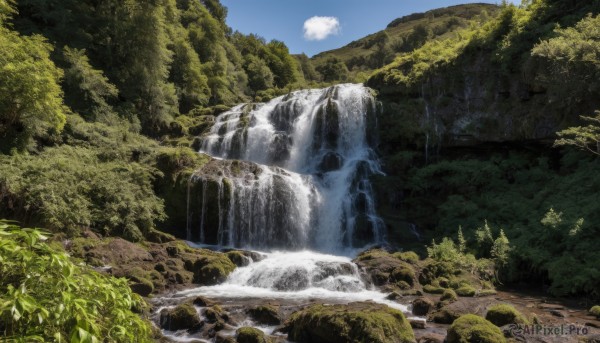 outdoors,sky,day,cloud,water,tree,blue sky,no humans,plant,nature,scenery,forest,mountain,river,waterfall,landscape,rock