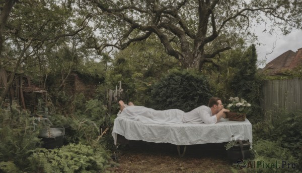 1girl,solo,short hair,brown hair,1boy,dress,closed eyes,flower,outdoors,lying,sky,barefoot,white dress,tree,pillow,book,bed,bird,grass,plant,building,nature,scenery,ruins,house,wide shot,overgrown,multiple girls,black hair,2girls,cloud,bed sheet,leaf,on stomach,bush