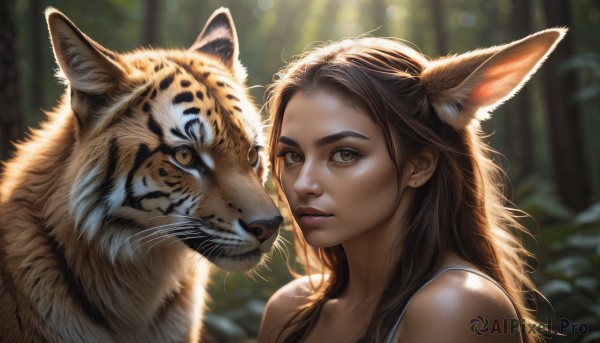 1girl,solo,long hair,looking at viewer,brown hair,animal ears,bare shoulders,brown eyes,closed mouth,upper body,outdoors,day,dark skin,blurry,dark-skinned female,lips,eyelashes,depth of field,blurry background,animal,portrait,nature,forest,realistic,nose,tiger,jewelry,earrings,fox ears,sunlight,plant,extra ears,stud earrings,fox