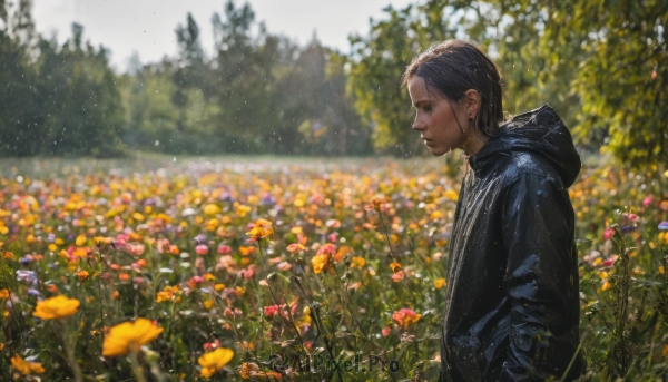 solo, black hair, 1boy, jewelry, jacket, upper body, flower, male focus, earrings, outdoors, day, hood, blurry, from side, tree, hoodie, profile, blurry background, hood down, nature, realistic, yellow flower, hands in pockets, field, flower field