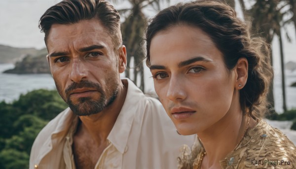 1girl,looking at viewer,short hair,brown hair,shirt,black hair,1boy,brown eyes,jewelry,closed mouth,white shirt,upper body,male focus,earrings,outdoors,parted lips,multiple boys,day,collared shirt,2boys,medium hair,necklace,mole,blurry,black eyes,tree,lips,blurry background,facial hair,thick eyebrows,portrait,beard,curly hair,realistic,mustache,chest hair,wrinkled skin,dark skin,depth of field,expressionless,dark-skinned male,forehead,dirty,dirty face