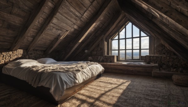 sky,day,cloud,indoors,blue sky,pillow,no humans,window,bed,sunlight,scenery,wooden floor,blanket,wall,ruins,carpet,wood,book,shadow,bed sheet,bookshelf,still life