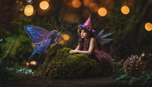 1girl,solo,long hair,brown hair,black hair,hair ornament,dress,braid,flower,outdoors,wings,sleeveless,hair flower,blurry,looking at another,tree,lips,sleeveless dress,depth of field,blurry background,grass,bug,plant,nature,forest,minigirl,realistic,fantasy,antennae,fairy,butterfly wings,moss,hat,leaf,butterfly,scenery,fairy wings