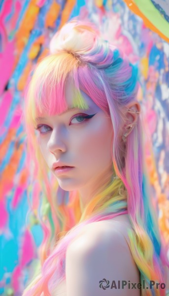 1girl,solo,long hair,looking at viewer,bangs,blonde hair,bare shoulders,jewelry,closed mouth,green eyes,blue hair,upper body,pink hair,multicolored hair,earrings,blunt bangs,hair bun,blurry,from side,two-tone hair,lips,eyelashes,makeup,blurry background,portrait,eyeshadow,realistic,nose,eyeliner,colorful,rainbow hair,blue eyes,artist name,looking to the side,expressionless,piercing,ear piercing,multicolored background,mascara