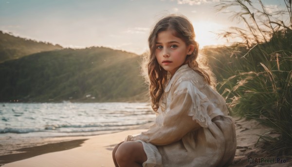 1girl,solo,long hair,looking at viewer,blue eyes,brown hair,long sleeves,dress,brown eyes,sitting,closed mouth,outdoors,sky,day,cloud,dark skin,water,white dress,from side,dark-skinned female,tree,lips,looking to the side,feet out of frame,wavy hair,child,nature,freckles,curly hair,mountain,realistic,nose,mountainous horizon,lake,pantyhose,signature,blurry,sunlight,scenery,river