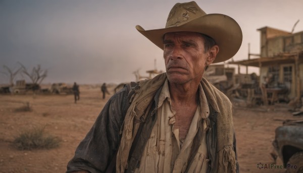 solo,short hair,blue eyes,shirt,black hair,1boy,hat,closed mouth,jacket,white shirt,upper body,male focus,outdoors,day,collared shirt,blurry,looking to the side,blurry background,facial hair,ground vehicle,beard,realistic,stubble,brown headwear,cowboy hat,photo background,desert,cowboy western,looking at viewer,brown hair,open clothes,sky,solo focus,bag,tree,backpack,building,motor vehicle,brown jacket,sand,car,road,dirty,dirty face,war