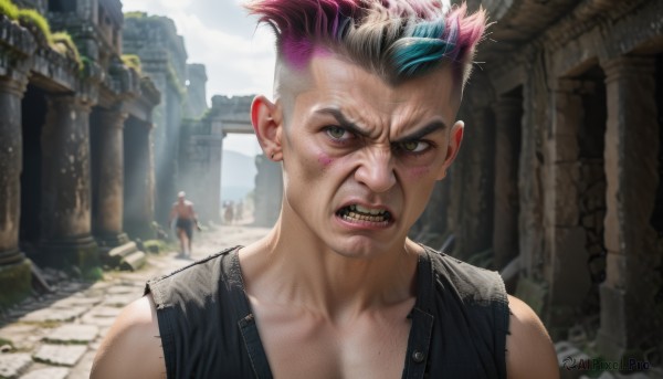 solo,looking at viewer,short hair,open mouth,shirt,1boy,brown eyes,jewelry,blue hair,upper body,pink hair,male focus,multicolored hair,earrings,outdoors,multiple boys,teeth,solo focus,day,blurry,vest,two-tone hair,torn clothes,piercing,sharp teeth,angry,realistic,undercut,ruins,mohawk,1girl,scar,clenched teeth,portrait,freckles