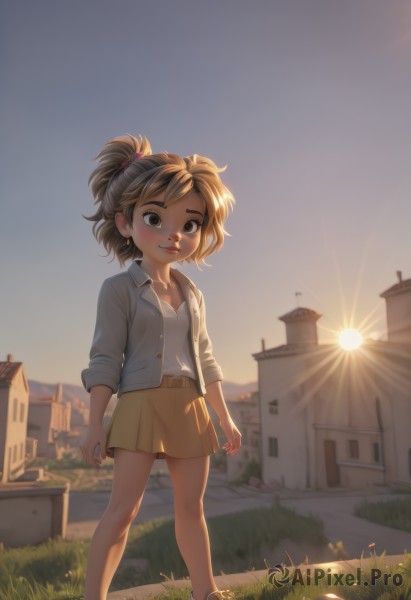 1girl,solo,looking at viewer,blush,smile,short hair,skirt,brown hair,shirt,brown eyes,closed mouth,standing,jacket,full body,white shirt,ponytail,outdoors,open clothes,sky,shoes,belt,flat chest,lips,sunlight,grass,building,sneakers,child,backlighting,short ponytail,sunset,sun,female child,yellow skirt,house,no socks,denim jacket,breasts,jewelry,collarbone,miniskirt,necklace,bare legs,sleeves rolled up