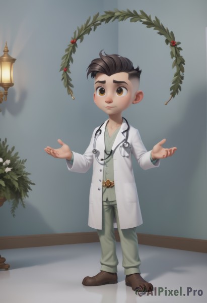 solo,smile,short hair,brown hair,shirt,1boy,brown eyes,standing,full body,male focus,shoes,belt,pants,indoors,shadow,plant,child,green shirt,labcoat,male child,undercut,stethoscope,doctor,artist name