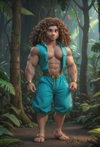 solo,long hair,looking at viewer,smile,blue eyes,brown hair,1boy,navel,jewelry,standing,full body,male focus,outdoors,open clothes,shorts,sleeveless,tongue,belt,pants,dark skin,vest,bracelet,tree,muscular,toes,leaf,abs,sandals,dark-skinned male,thick eyebrows,pectorals,plant,muscular male,nature,bara,clenched hands,forest,walking,curly hair,blue pants,bare pectorals,chest hair,navel hair,baggy pants,dreadlocks,day,watermark,web address,toenails,topless male,belly,open vest