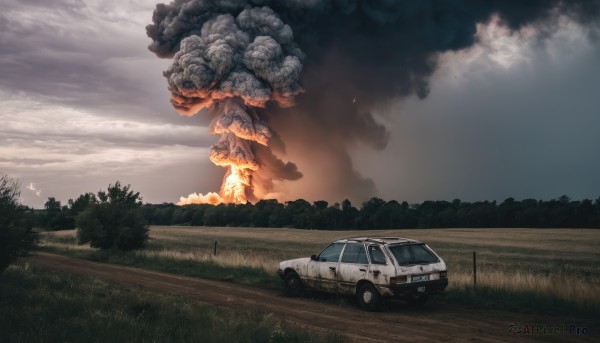 outdoors,sky,cloud,tree,no humans,cloudy sky,grass,fire,ground vehicle,nature,scenery,motor vehicle,forest,smoke,car,road,vehicle focus,burning,field