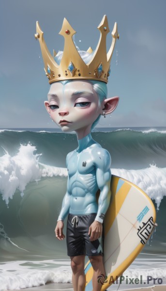 solo,looking at viewer,blue eyes,1boy,navel,standing,white hair,male focus,outdoors,sky,shorts,pointy ears,water,wet,colored skin,ocean,beach,abs,crown,pectorals,topless male,blue skin,male child,male swimwear,swim trunks,surfboard,swim briefs,blush,jewelry,earrings,bulge,waves