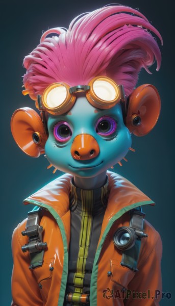 1girl,solo,looking at viewer,smile,simple background,jewelry,purple eyes,jacket,upper body,pink hair,male focus,earrings,gradient,colored skin,blue background,goggles,zipper,goggles on head,blue skin,mohawk,shirt,1boy,animal ears,closed mouth,open clothes,artist name,open jacket,makeup,black background,furry,colored sclera,brown jacket,zipper pull tab,orange jacket,cyberpunk