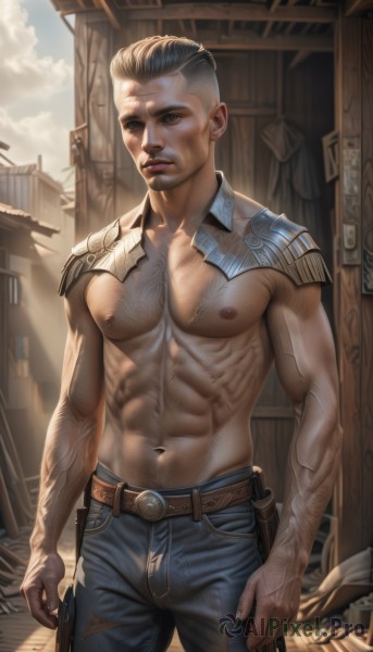 solo,looking at viewer,short hair,black hair,1boy,navel,closed mouth,nipples,weapon,grey hair,male focus,cowboy shot,outdoors,sky,day,belt,pants,artist name,cloud,stomach,armor,lips,gun,looking to the side,torn clothes,tattoo,muscular,facial hair,scar,abs,sunlight,cloudy sky,pectorals,denim,muscular male,shoulder armor,building,bara,scar on face,large pectorals,veins,pauldrons,topless male,jeans,realistic,arms at sides,blue pants,brown belt,arm tattoo,manly,undercut,hair slicked back,dirty,chest hair,navel hair,leather belt,veiny arms,blonde hair,brown hair,brown eyes,knife