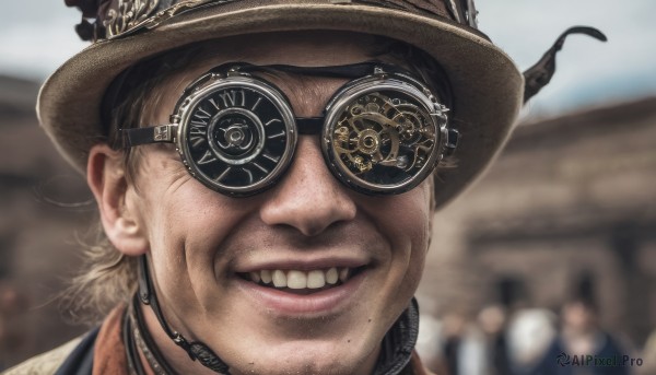 solo,looking at viewer,smile,open mouth,blonde hair,1boy,hat,male focus,outdoors,glasses,teeth,solo focus,choker,mole,grin,blurry,lips,depth of field,blurry background,portrait,mole under mouth,realistic,round eyewear,brown headwear,steampunk,facial hair