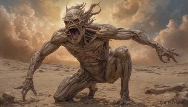 solo,open mouth,red eyes,1boy,male focus,outdoors,horns,sky,teeth,cloud,no humans,muscular,fangs,squatting,cloudy sky,sharp teeth,claws,veins,monster,sand,extra arms,alien,dust,full body,1other,realistic,one knee,ribs,extra eyes,horror (theme),eldritch abomination