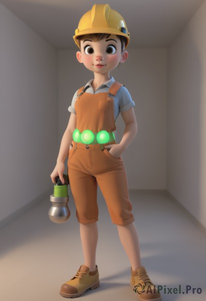 solo,looking at viewer,smile,short hair,brown hair,shirt,1boy,hat,holding,brown eyes,closed mouth,standing,full body,short sleeves,male focus,shoes,shorts,indoors,helmet,blue shirt,child,hand in pocket,overalls,male child,blush,pants,flashlight,hardhat