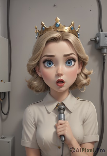 1girl,solo,breasts,looking at viewer,short hair,open mouth,blue eyes,blonde hair,shirt,holding,jewelry,medium breasts,white shirt,upper body,short sleeves,earrings,parted lips,necktie,teeth,collared shirt,indoors,lips,eyelashes,crown,microphone,freckles,realistic,cable,blush,makeup,upper teeth only,gem,nose,red lips