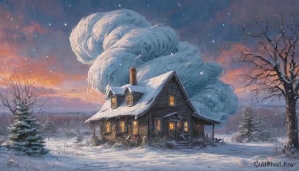 outdoors,sky,cloud,tree,blue sky,no humans,window,cloudy sky,grass,building,nature,scenery,snow,sunset,snowing,mountain,door,house,winter,bare tree,evening,gradient sky,pine tree,smoke,chimney