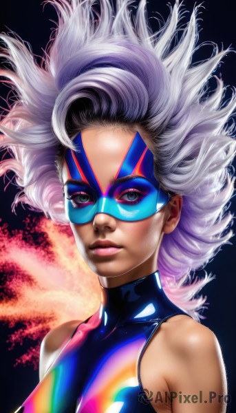 1girl,solo,long hair,breasts,looking at viewer,blue eyes,bare shoulders,medium breasts,upper body,white hair,parted lips,sleeveless,dark skin,dark-skinned female,lips,eyelashes,makeup,mask,floating hair,watermark,lipstick,web address,curly hair,nose,big hair,superhero,domino mask,closed mouth,green eyes,collarbone,pink hair,shiny,artist name,bodysuit,turtleneck,spiked hair,black background,skin tight,light purple hair,multicolored clothes,eyeshadow,shiny clothes,rainbow